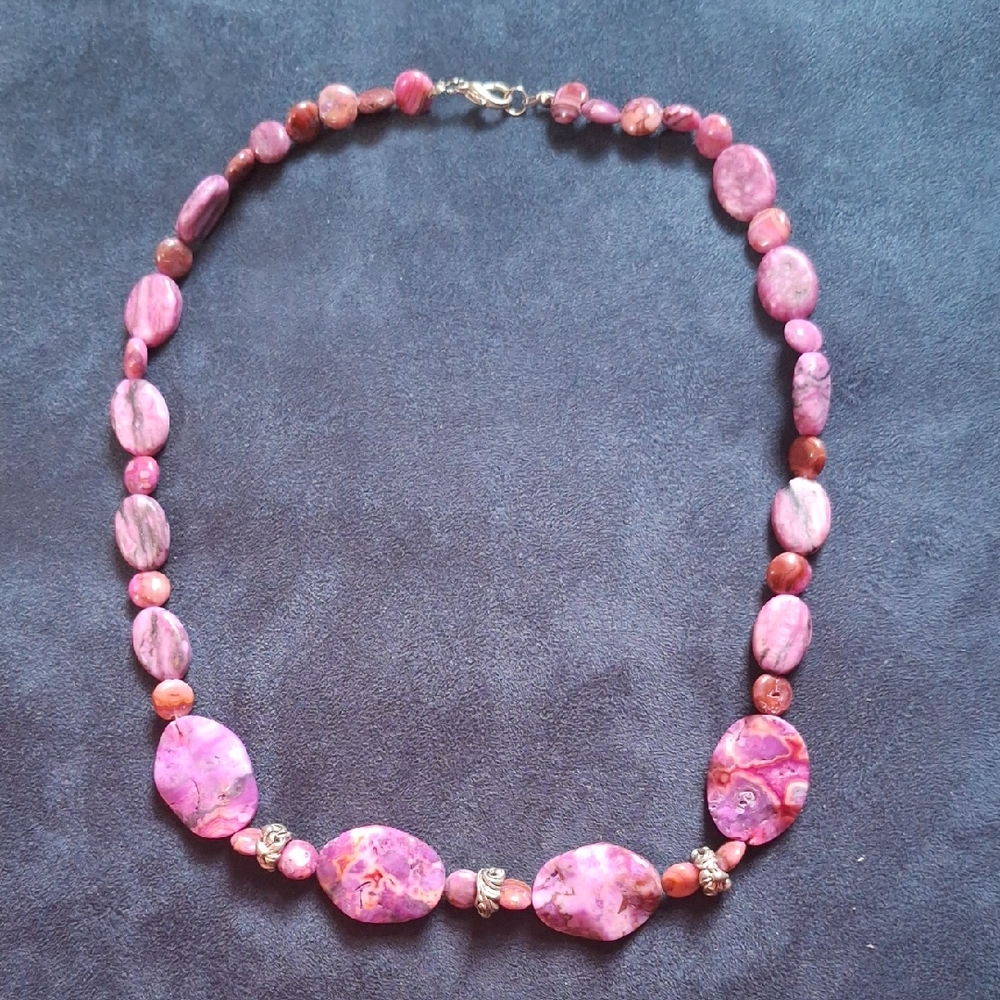 Pink Stone & Silver Bead Necklace